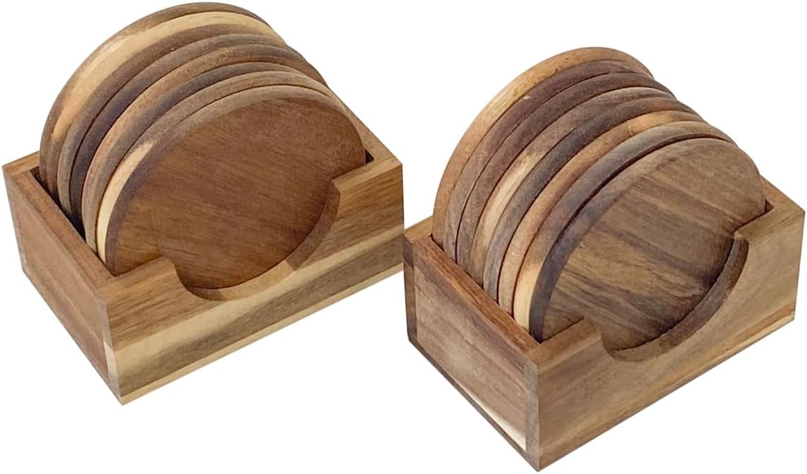 Acacia Wood Drink Coasters with Holder, Two Sets of 8 Pieces Coasters 3.72 Inch Round Wood Coasters for Cup,Dad Gifts,Tabletop Protection